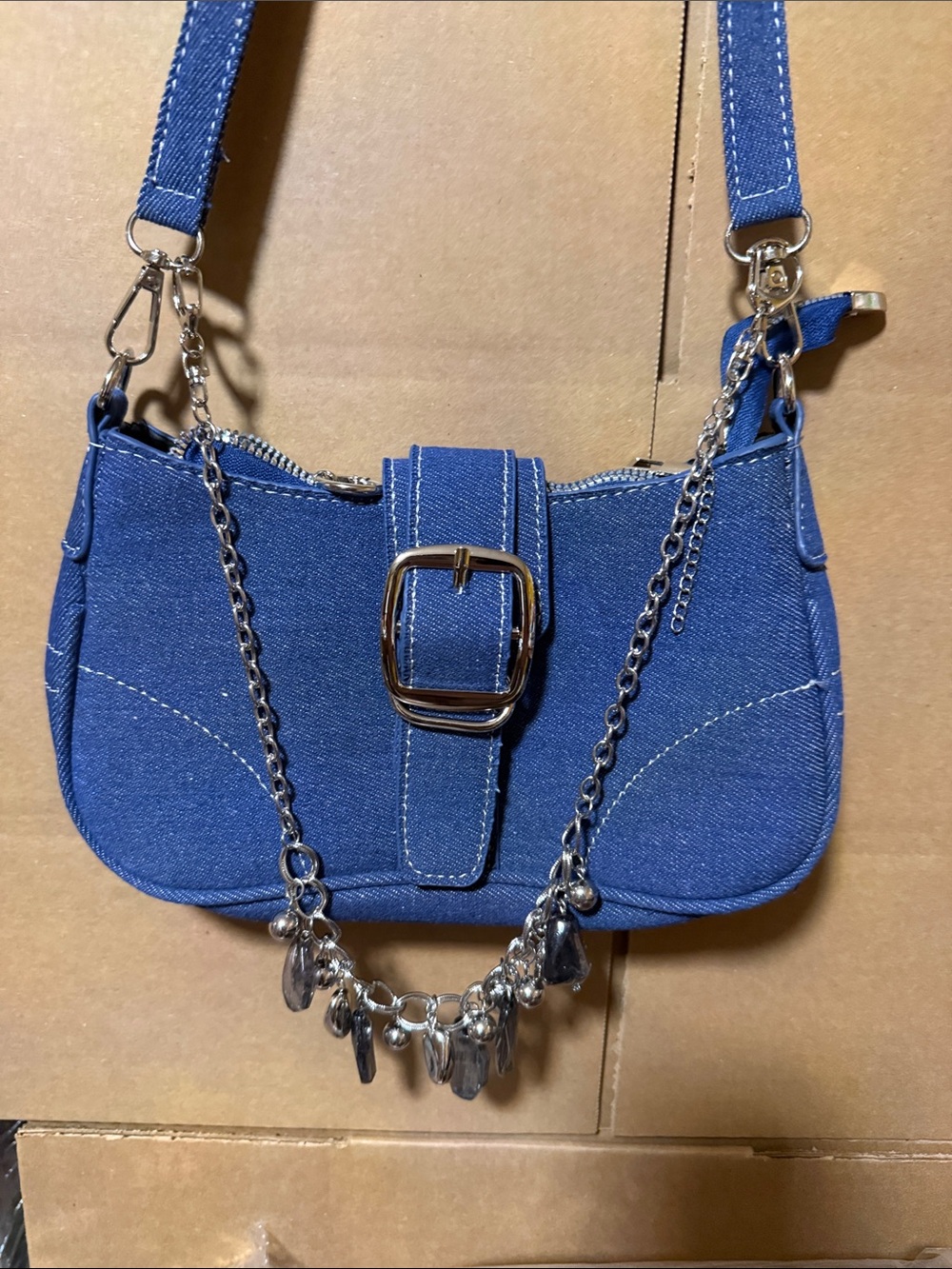 Blue Denim Shoulder Bag with Chain Charm, bag not for sale